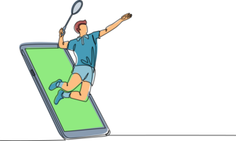 single een lijn tekening Mens badminton speler springen raken shuttle krijgen uit van smartphone scherm. online badminton spel met leven mobiel app. doorlopend lijn trek ontwerp grafisch illustratie png