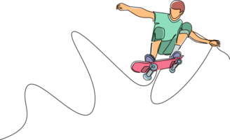 solteiro 1 linha desenhando jovem legal skatista homem equitação skate e fazendo uma saltar truque dentro patim parque. extremo adolescente esporte. saudável esporte estilo de vida conceito. contínuo linha desenhar Projeto png