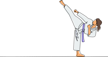 singolo continuo linea disegno giovane carino taekwondo donna fare calcio posa nel combattimento uniforme con cintura esercizio marziale arte a palestra. salutare sport stile di vita concetto. uno linea disegnare grafico design png