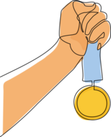 enda ett linje teckning mänsklig årgång hand innehar band skiss med gyllene medalj. begrepp emblem design i retro stil isolerat på vit bakgrund. kontinuerlig linje dra grafisk illustration png