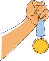 single een lijn tekening menselijk wijnoogst hand- houdt lint schetsen met gouden medaille. concept embleem ontwerp in retro stijl geïsoleerd Aan wit achtergrond. doorlopend lijn trek grafisch illustratie png