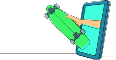 kontinuerlig ett linje teckning spelare hand innehar skateboard genom mobil telefon. smartphone med skateboard spel app. mobil sporter ström mästerskap. enda linje dra design illustration png