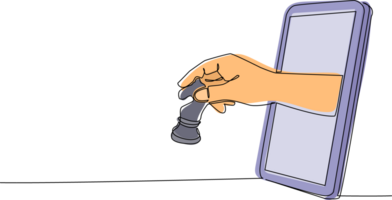 Single continuous line drawing player hand holds chess knight horse through mobile phone. Smartphone with chess games app. Mobile sport stream championship. Dynamic one line draw graphic design png