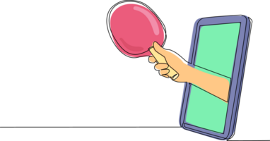 single een lijn tekening speler hand- houdt tafel tennis knuppel door mobiel telefoon. smartphone met ping pong spellen app. mobiel sport- stroom kampioenschap. doorlopend lijn trek ontwerp grafisch png