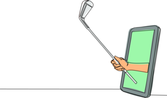 solteiro contínuo linha desenhando jogador de golfe mão detém bastão golfe através Móvel telefone. Smartphone com golfe jogos aplicativo. Móvel Esportes corrente campeonato. 1 linha desenhar gráfico Projeto ilustração png