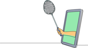 solteiro 1 linha desenhando jogador mão detém badminton raquete através Móvel telefone. Smartphone com badminton jogos aplicativo. Móvel Esportes corrente campeonato. contínuo linha desenhar Projeto gráfico png