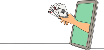 Single continuous line drawing player hand holds four aces card through mobile phone. Smartphone with poker card games app. Mobile sports stream championship. One line draw design illustration png