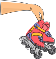 Single one line drawing player hand holds rollerblade. Man hand holding pair of old retro plastic inline skates shoes. Vintage classic extreme sport. Continuous line draw design illustration png