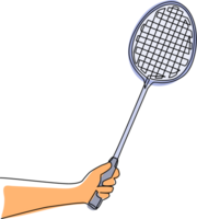 single doorlopend lijn tekening speler hand- Holding badminton racket. sport apparatuur. wijnoogst badminton rackets. sporting goederen voor kampioenschap. een lijn trek grafisch ontwerp illustratie png