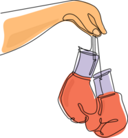 Célibataire un ligne dessin boxeur main détient paire de boxe gants. homme main dans sportif style détient rouge cuir boxe gants sur blanc Contexte. continu ligne dessiner conception graphique illustration png