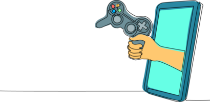 Single einer Linie Zeichnung Spieler Hand hält Joystick durch Handy, Mobiltelefon Telefon. Smartphone mit Video Spiel Konsole App. Handy, Mobiltelefon Sport Spiele Strom Meisterschaft. kontinuierlich Linie zeichnen Design Illustration png