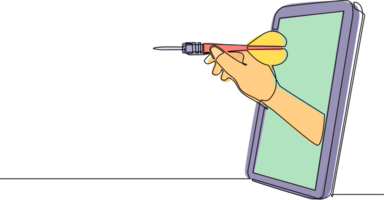 Continuous one line drawing player hand holds dart aiming through mobile phone. Smartphone with dart games app. Mobile sports stream championship. Single line draw design graphic illustration png