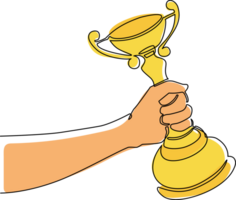 Single one line drawing man hand holding gold cup award icon. Winner prize goblet. First place champion trophy reward. Success and business goals. Modern continuous line draw design graphic png