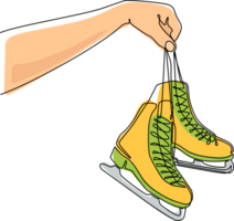 kontinuierlich einer Linie Zeichnung Mädchen trägt Rollschuhe im ihr Hände. Frau mit Eis Rollschuhe im Hand gezeichnet Stil isoliert auf Weiß Hintergrund. skaten. Winter Spaß. Single Linie zeichnen Design Illustration png