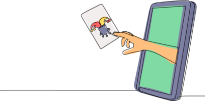 single een lijn tekening speler hand- houdt grappenmaker kaart door mobiel telefoon. smartphone met kaart spellen app. mobiel sport- stroom kampioenschap. modern doorlopend lijn trek ontwerp illustratie png