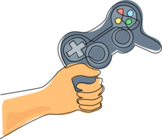 solteiro contínuo linha desenhando mão segurando vídeo jogos console. logotipo modelo para a jogos comunidade. jogadoras manter seus jogos joysticks dentro seus mãos. 1 linha desenhar Projeto ilustração png