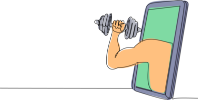 single een lijn tekening bodybuilder hand- houdt halter door mobiel telefoon. smartphone met geschiktheid spellen app. mobiel sport- stroom kampioenschap. modern doorlopend lijn trek ontwerp grafisch png