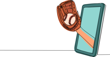 Single continuous line drawing pitcher hand holds baseball ball with glove through mobile phone. Smartphone with baseball games app. Mobile sports stream championship. One line draw design png