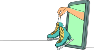 kontinuierlich einer Linie Zeichnung Spieler Hand hält Eis Rollschuhe durch Handy, Mobiltelefon Telefon. Smartphone mit Eis Skaten Spiele App. Handy, Mobiltelefon Sport Strom Meisterschaft. Single Linie zeichnen Design Illustration png