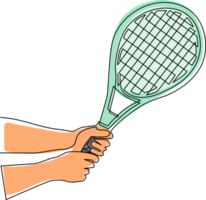 singolo uno linea disegno giocatore mano Tenere tennis racchetta. sport attrezzatura tennis racchette. sportivo merce per campionato. all'aperto estate attività. moderno continuo linea disegnare design grafico png