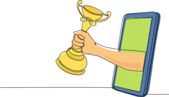 Continuous one line drawing player hand holds trophy through mobile phone. Smartphone with app sport games. Mobile sports stream championship. Single line draw design graphic illustration png