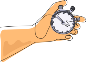 Single continuous line drawing human hand holding stopwatch. Arrow, clock, meter. Measurement and time management concept for banner, website design or landing web page. One line draw design png