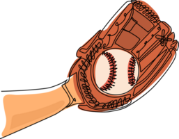 Single continuous line drawing baseball player hand holding ball with glove. Catcher concept. Sports equipment stock. Mitt holding baseball ball. One line draw graphic design illustration png