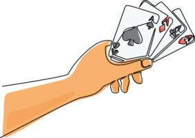 Single one line drawing hand holding four aces, poker playing card concept. Hand holds playing cards, spades, hearts, diamonds and clubs. Poker game symbol. Continuous line draw design graphic png