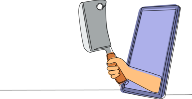 Single one line drawing hand hold meat kitchen cleaver, butcher knife through mobile phone. Mobile cooking games, entertainment app for smartphones. Continuous line draw design illustration png