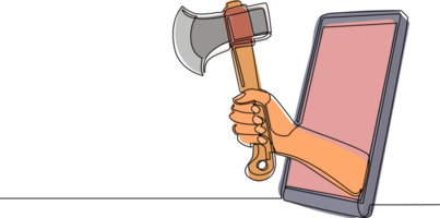 Single continuous line drawing hand holding wooden axes through mobile phone. Concept of mobile lumberjack games, entertainment application for smartphones. Dynamic one line draw graphic design png
