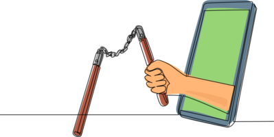 solteiro 1 linha desenhando mão segurando nunchaku através Móvel telefone. conceito do vídeo jogos, esporte eletrônico, entretenimento inscrição para smartphones. moderno contínuo linha desenhar Projeto ilustração png