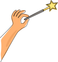 Single one line drawing hand holding magic wand. Decorative magic wand with magic trace. Star shape magic accessory. Magical girl cartoon power. Continuous line draw design graphic illustration png