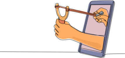 Single one line drawing hand holding wooden slingshot through mobile phone. Concept of video games, e-sport, entertainment application for smartphones. Continuous line draw design illustration png