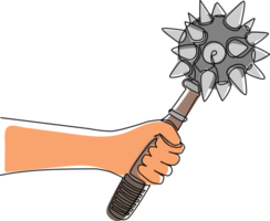 Single continuous line drawing hand holding mace weapon medieval. Military war warrior icon steel mace. Power game black iron. Heavy protection royal ball weapon. Dynamic one line draw design png