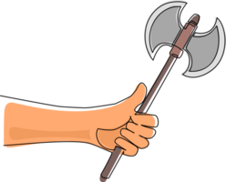Single continuous line drawing hand holding battle axe with handle. Broad axe, two-sided axe, medieval axe. Fighter classes weapon animation, video games. Dynamic one line draw graphic design png