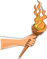 Single one line drawing hand holding torch on stick. Primitive weapon. Burning club. Old primitive tool or item for lighting. Fire and branch. Continuous line draw design graphic illustration png