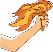 Single kontinuierlich Linie Zeichnung Fackel im Hand. Fackel eben Symbol isoliert. friedlich Feuer von Freiheit, Gleichberechtigung und Bruderschaft. Sieg im Wettbewerbe. einer Linie zeichnen Design png