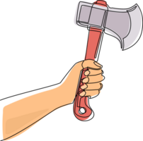 Single one line drawing hand holding wooden axe. Forester ax icon. Axes with wooden handle. Camping Axe, Lumberjack Axe. Illustration of weapon ax. Modern continuous line draw design graphic png