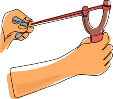 Single one line drawing hand holding wooden slingshot. Homemade slingshot, wooden handle with rubber bands. Wooden catapult. Children toy for throwing stone. Continuous line draw design graphic png