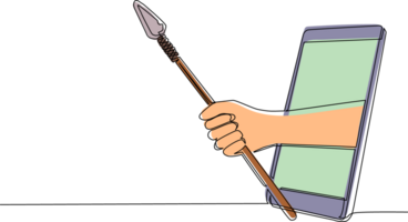 Single one line drawing hand holding ancient stone age spear through mobile phone. Concept of video games, e-sport, entertainment application for smartphone. Continuous line draw design graphic png