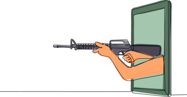 Single one line drawing hand holding M-16 assault rifle through mobile phone. Concept of battle video games, e-sport, entertainment application for smartphones. Continuous line design graphic png