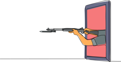 Célibataire continu ligne dessin main en portant fusil avec attaché baïonnette par mobile téléphone. concept de guerre vidéo Jeux, e-sport, divertissement app pour téléphones intelligents. un ligne dessiner conception png