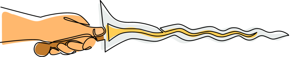 Single continuous line drawing hand holding keris traditional weapon from Indonesia. Javanese keris with its elaborately carved handle and wavy blade is unique. One line draw graphic design png