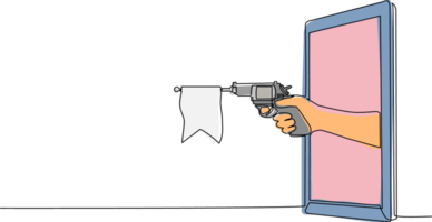 continu un ligne dessin main en portant jouet pistolet pistolet avec vide drapeau par mobile téléphone. concept de vidéo Jeux, e-sport, divertissement application pour téléphones intelligents. Célibataire ligne dessiner conception png