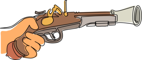 singolo continuo linea disegno mano Tenere vecchio pietra focaia pistola. pietra focaia pistola arma pistola antico. militare pietra focaia di legno retrò pirata. Vintage ▾ arma da fuoco. uno linea disegnare grafico design png