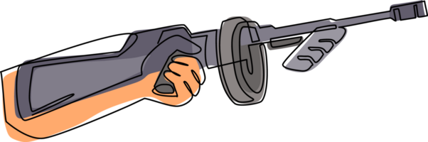 Continuous one line drawing hand holding tommy gun. Thompson submachine gun weapon. Mafia or gangster submachine gun. Emblem icon for e-sport team. Single line draw design graphic illustration png