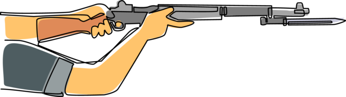 kontinuerlig ett linje teckning hand innehav m1 garand halvautomatisk gevär med kniv bajonett. brittiskt militär verkan gevär med bifogad bajonett. enda linje dra design grafisk illustration png