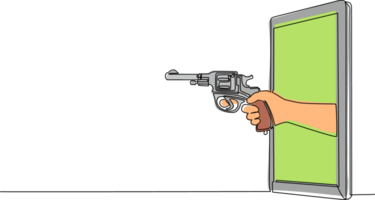 Célibataire continu ligne dessin main en portant revolver pistolet par mobile téléphone. concept de bataille vidéo Jeux, e-sport, divertissement application pour téléphones intelligents. un ligne dessiner graphique conception png