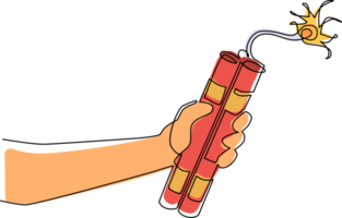 Continuous one line drawing hand holding dynamite. Dynamite bomb with burning wick. Military detonate weapon. TNT weapon before explosion moment. Single line draw design graphic illustration png