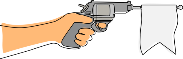 Continuous one line drawing hand holding shooting toy gun pistol with empty flag. Weapon pistol toy isolated. Element of joke surprise day icon. Single line draw design graphic illustration png